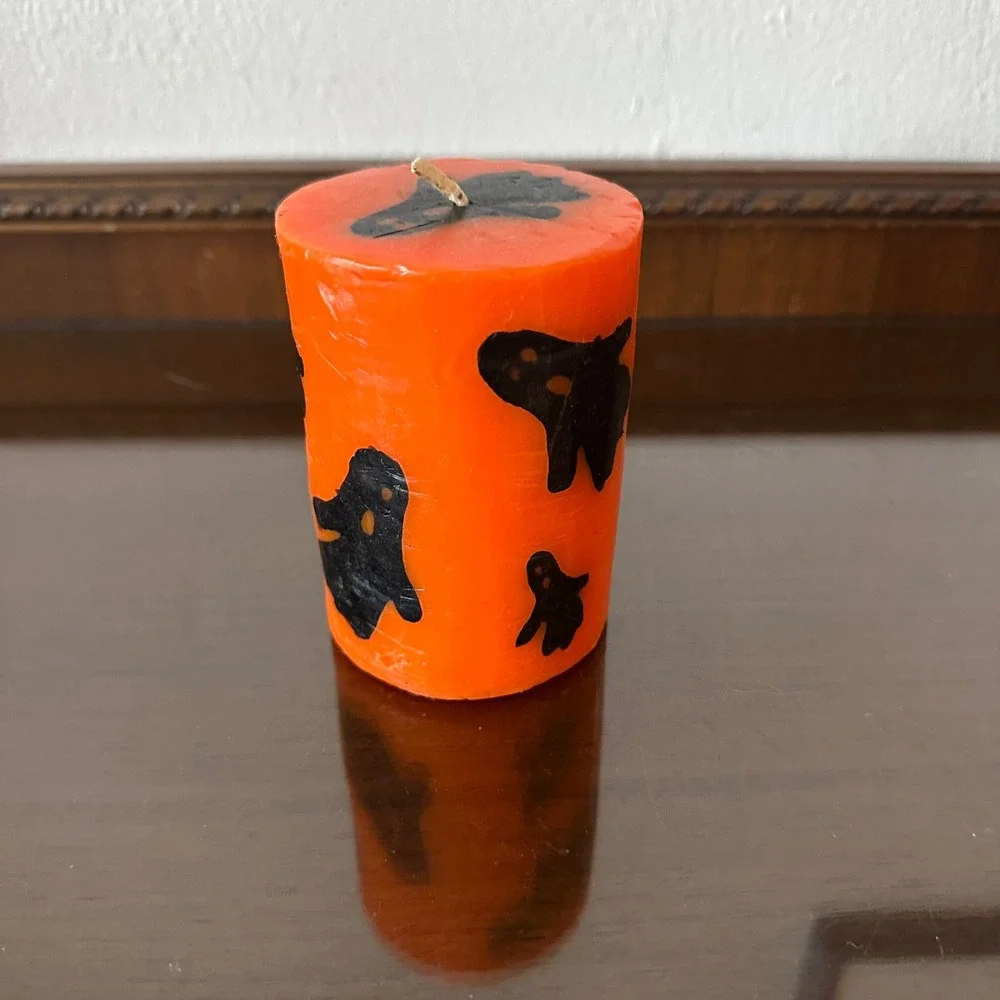 Vintage Halloween Ghost Pillar Candle Orange and Black‎ Spooky Decor Unscented